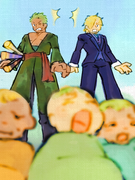 Image 1: A tan green-haired man with three swords (Zoro) and a blond man in a blue suit (Sanji) look at the ground in horror to see three baby girls on the ground