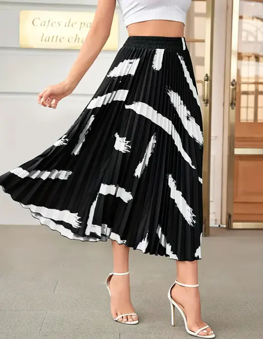 Skirt For Women | Brush Print Pleated Skirts, Vintage Elastic Waist Midi Skirts, Women's Clothing(Premium Quality) Color2 (R230)