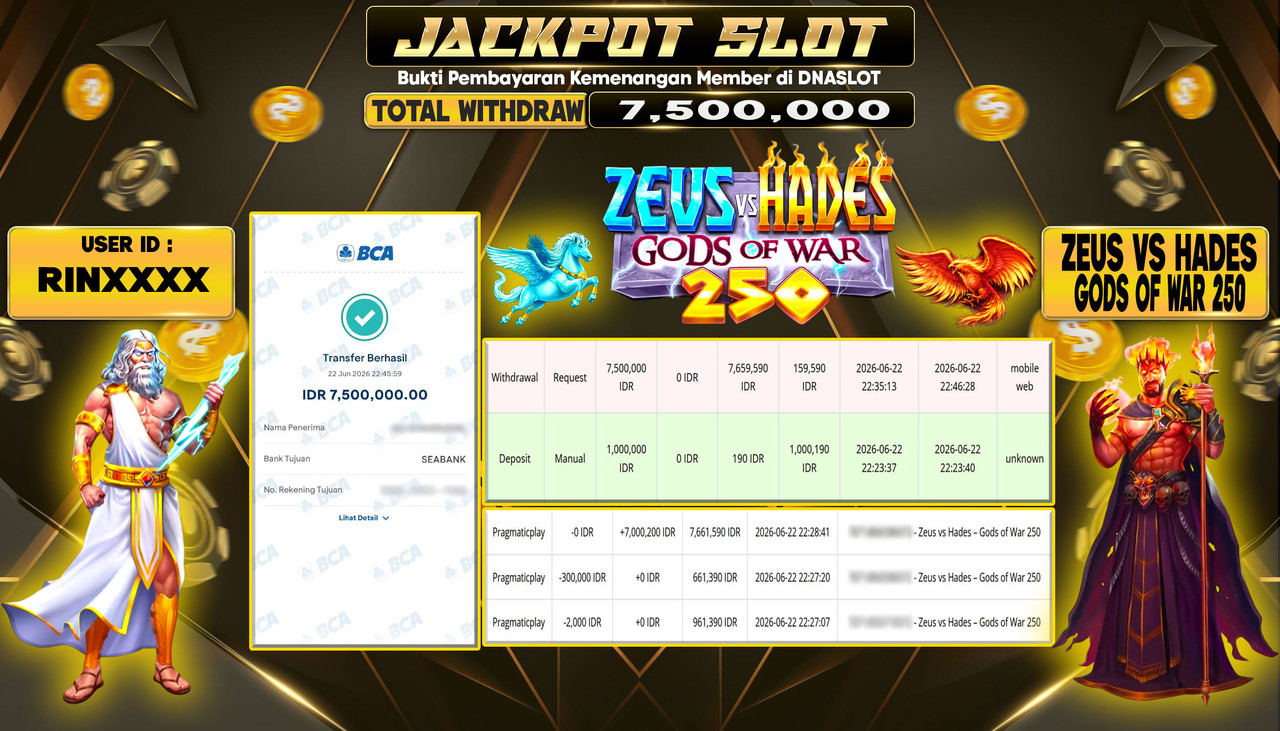 JACKPOT SLOT ZEUS VS HADES GODS OF WAR 250 22 JUNE 2026