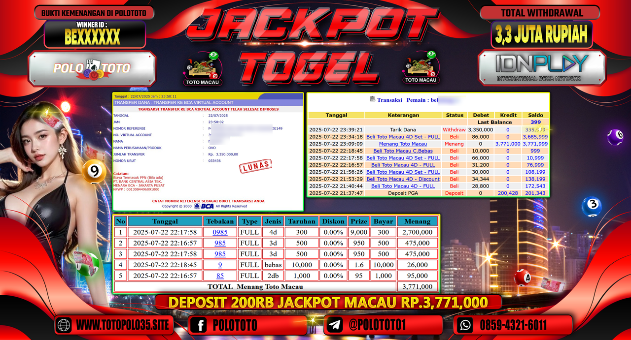 POLOTOTO JACKPOT TOGEL TOTO MACAU Rp.3.300.000,- LUNAS