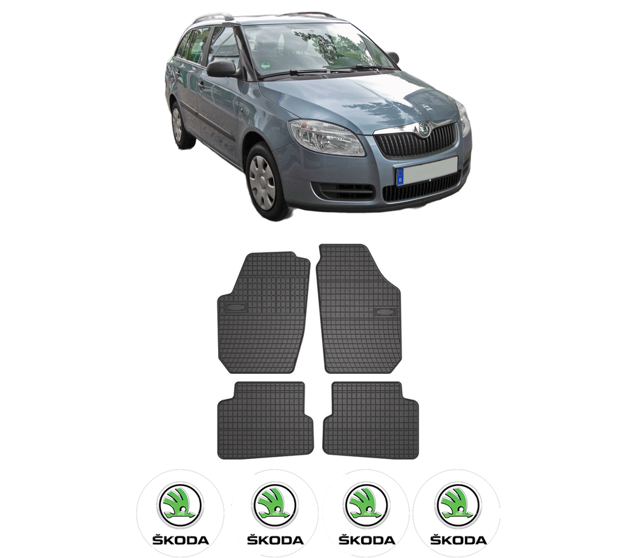Set covorase presuri SKODA FABIA II Combi (545) din 2007-2014, auto, din cauciuc thermoplastic, 4 Stickere auto cu SKODA