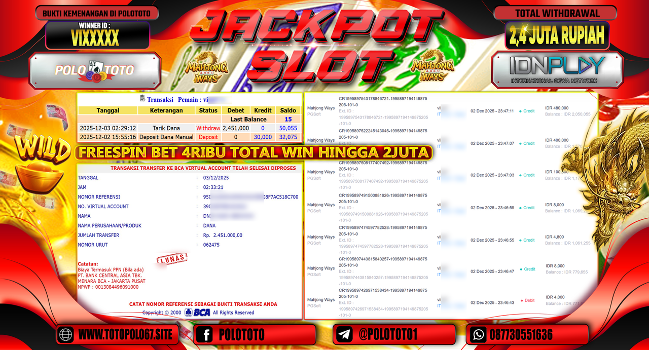 POLOTOTO JACKPOT SLOT MAHJONG WAYS Rp.2.400.000,- LUNAS