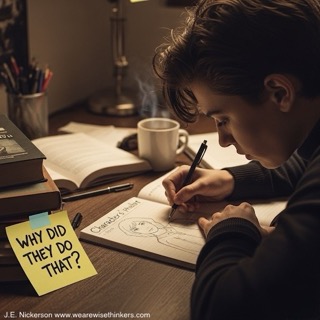 A writer with dark, tousled hair is hunched over a cluttered desk, sketching a character in a notebook. A yellow sticky note with "Why did they do that?" is on the desk. The scene has cozy, moody lighting, highlighting books, a mug, and pens, creating a creative and thoughtful atmosphere.