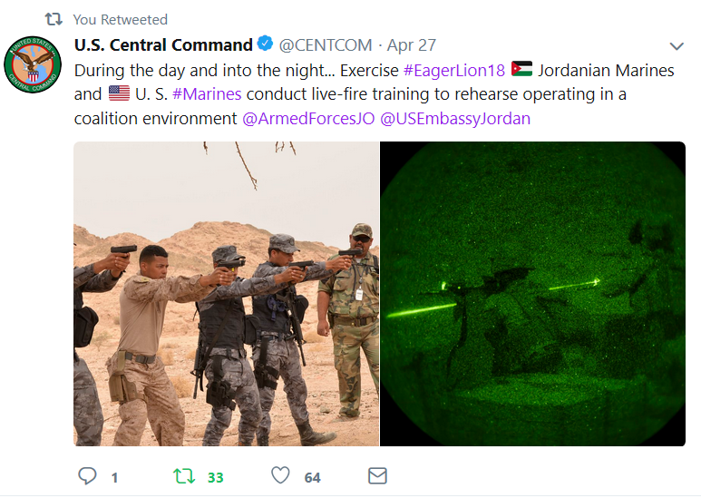 US CENTCOM tweet EagerLion18 exercise with Jordanian Marines 27 