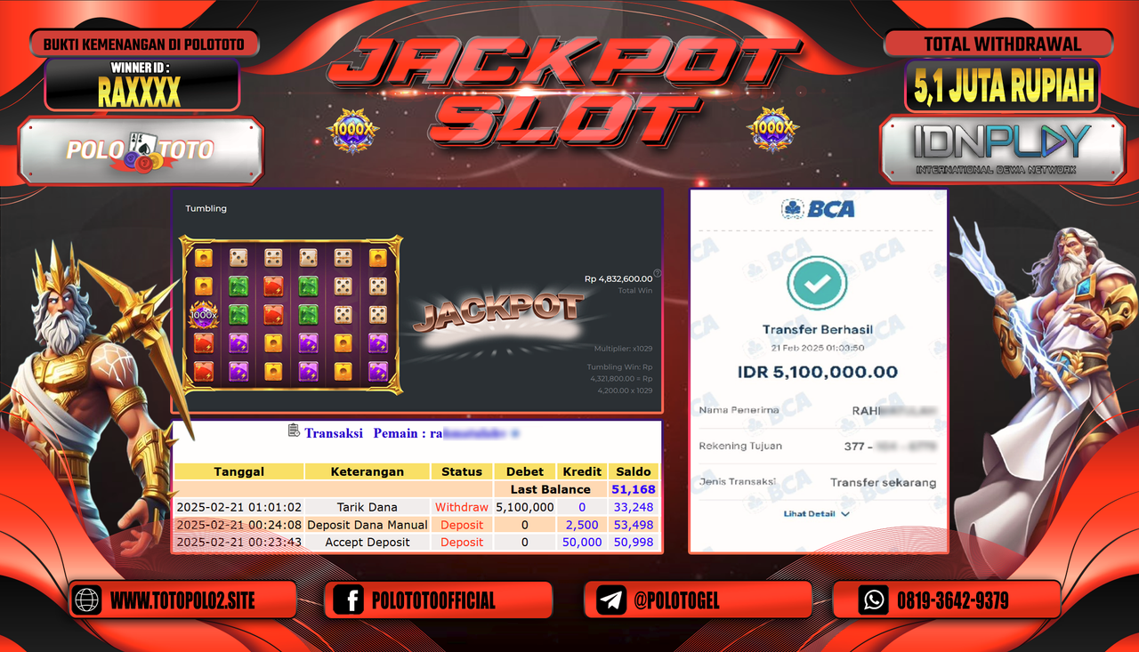 POLOTOTO JACKPOT SLOT GATES OF OLYMPUS 1000 DICE Rp.5.100.000,-