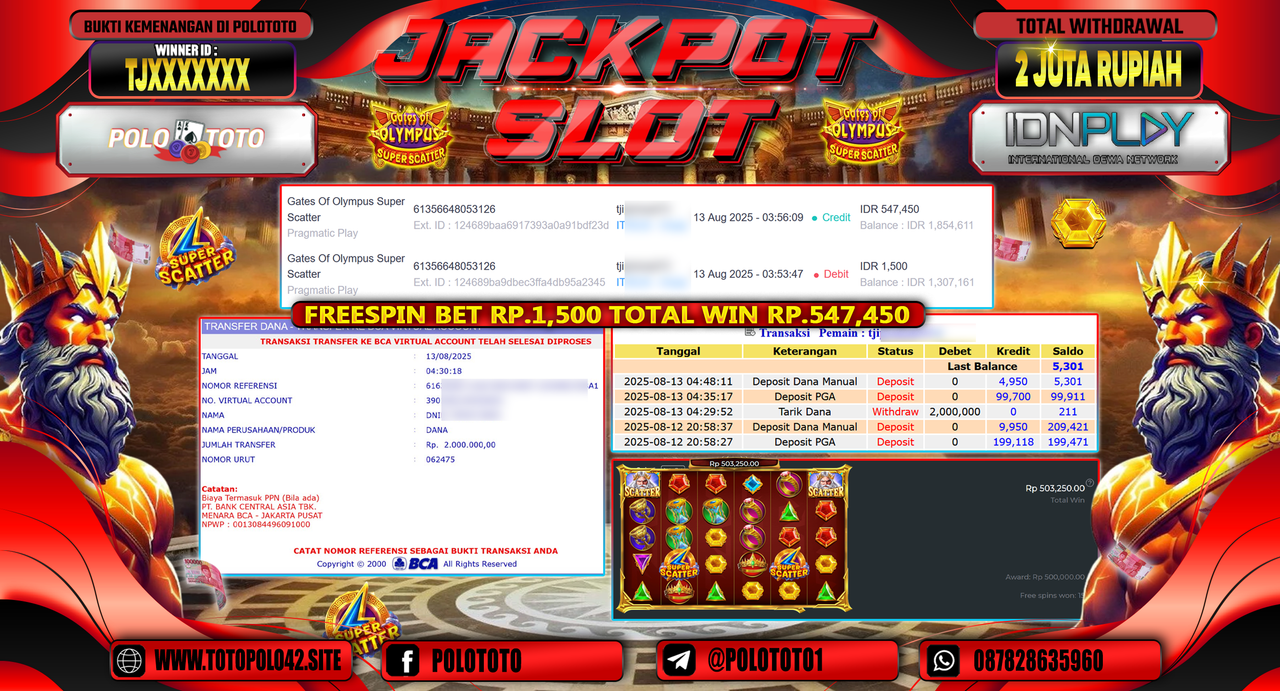 POLOTOTO JACKPOT SLOT GATES OF OLYMPUS SUPER SCATTER Rp.2.000.000,-LUNAS