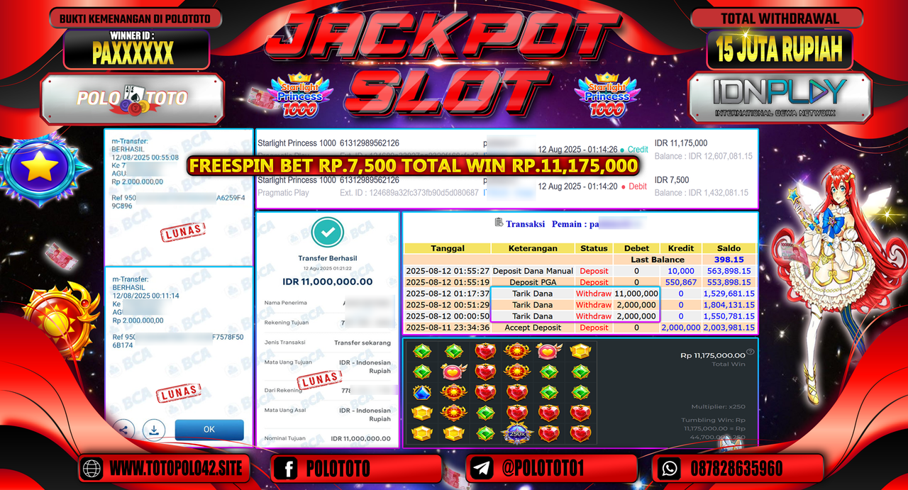 POLOTOTO JACKPOT SLOT STARLIGHT PRINCESS 1000 Rp.15.000.000,-LUNAS