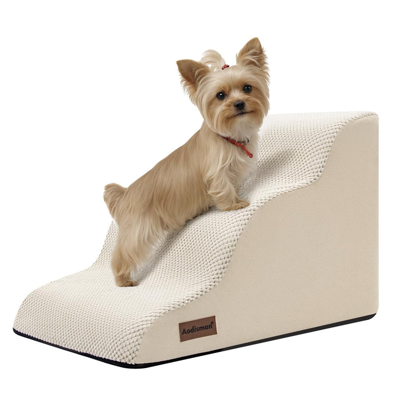 Aodisman Dog Stairs 3-Step Pet Ramp 15.4in Beige