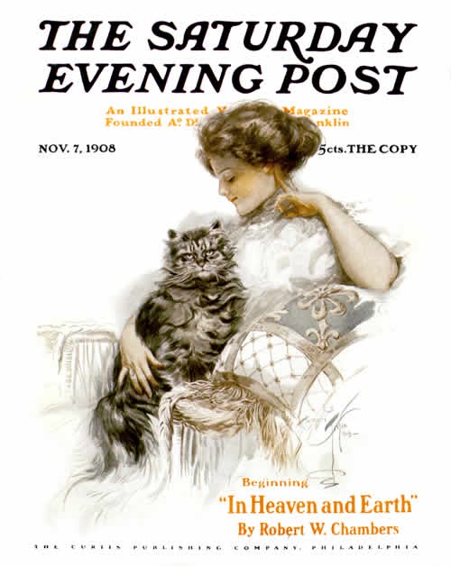 007-The-Saturday-Evening-Post-magazine-cover-November-7-1908-Seated-Woman-with-Big-Cat-in-Her-L
