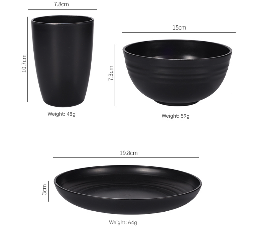 Black Wheat Straw Dinnerware Set - 24 Pieces Including Plates, Bowls & Cups