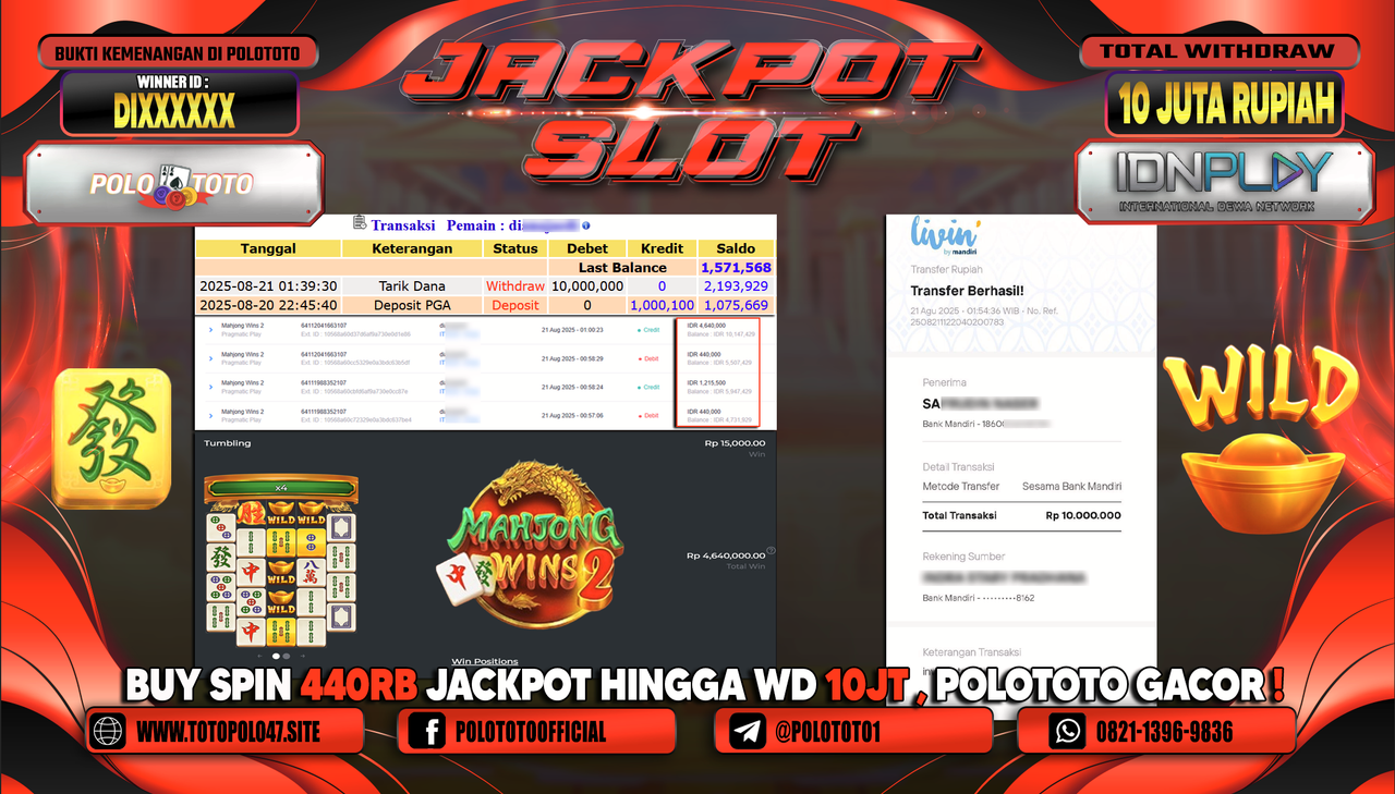 POLOTOTO JACKPOT SLOT MAHJONG WINS 2 Rp.10.000.000,-