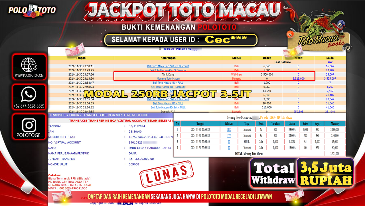 POLOTOTO JACKPOT TOGEL TOTO MACAU Rp.3,500.000,-