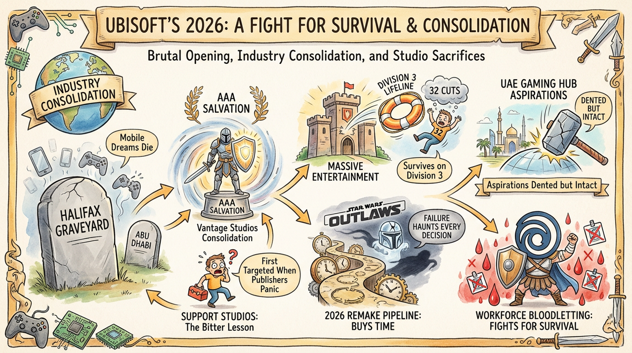 Ubisoft Abu Dhabi Layoffs Hit Amid Restructuring Bloodbath - 2026 Off to Grim Start 1 Empty game development office with scattered Ubisoft posters