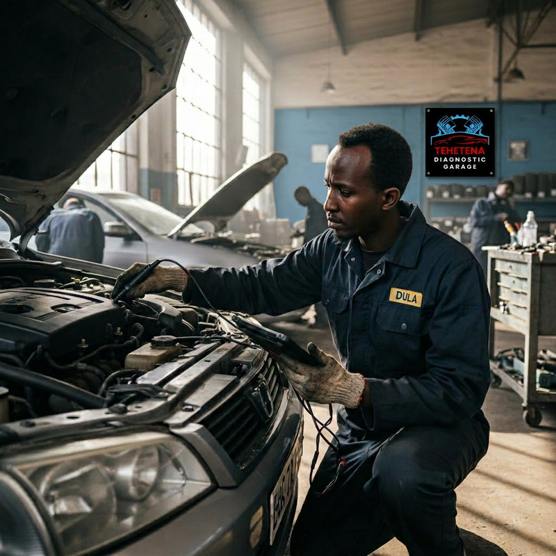 Ethiopian mechanic performing engine diagnostics at Tehetna Garage Addis Ababa