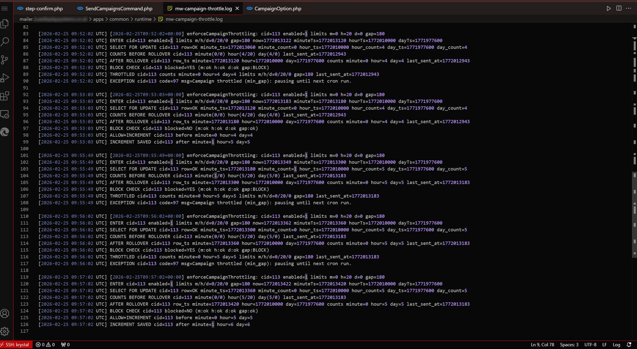 mailwizz campaign throttle runtime log output
