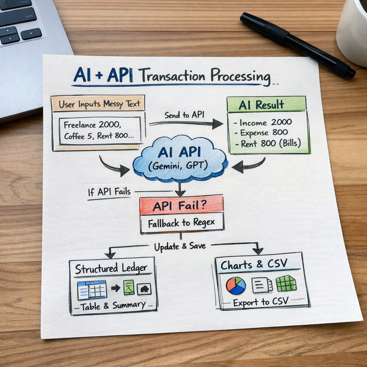 Hand-drawn flowchart showing AI and Regex parsing workflow for Regex Ledger Pro