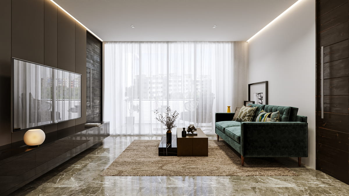 Luxury interior with glass railings and modern lighting