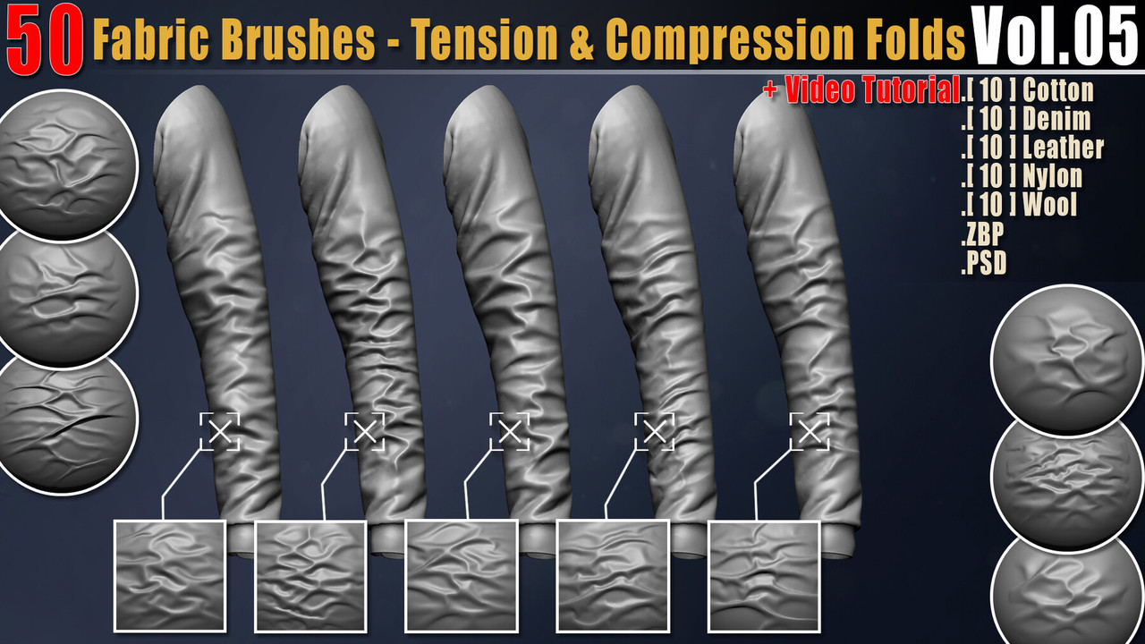 50 Fabric Brushes Tension Compression Folds Vol 05 Video Tutorial