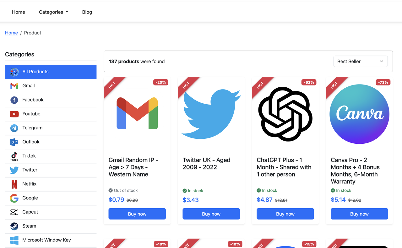 MegaAcc product category page showing available social media accounts with prices and stock