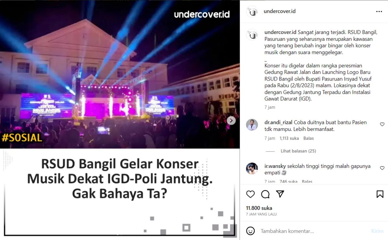 Viral di media sosial sebuah konser digelar di RSUD Bangil, Pasuruan, Jawa Timur, tuai cibiran dari warganet.