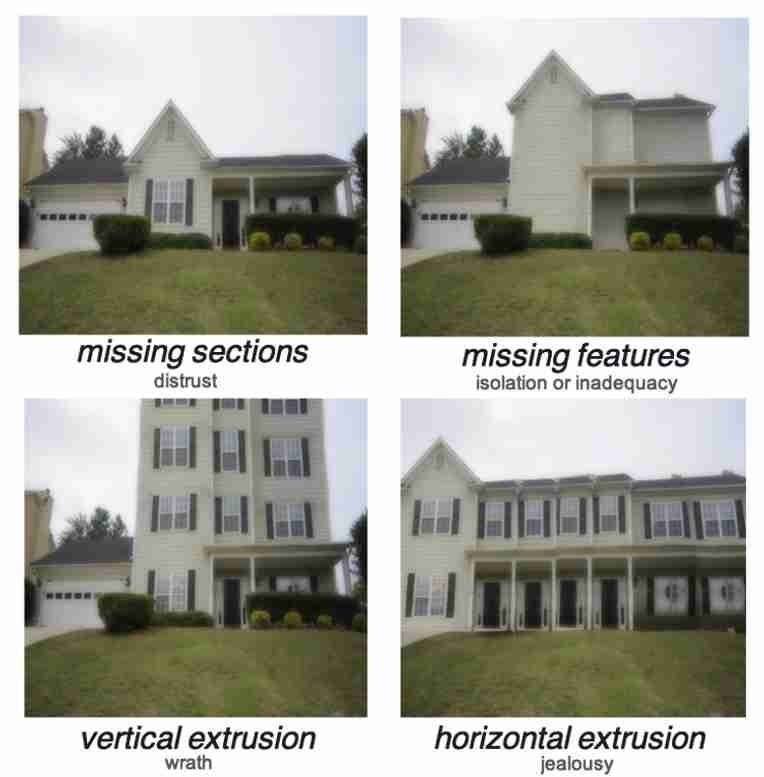 four square images of a white house, each with a different strange feature and text on the bottom. on the top left, 'missing sections', with smaller text that says 'distrust' below that. the second floor of the house is gone, making it look like a one-story house. on the top right, 'missing features', with the smaller text saying 'isolation or inadequacy', all the windows are gone and so is the door. on the bottom left, 'vertical extrusion', with the smaller text saying 'wrath', the house is stretched to be extremely tall, with multiple windows and the roof not being visible. on the bottom right, 'horizontal extrusion', with the smaller text saying 'jealousy', the house is stretched to be extremely wide, with multiple windows and doors.