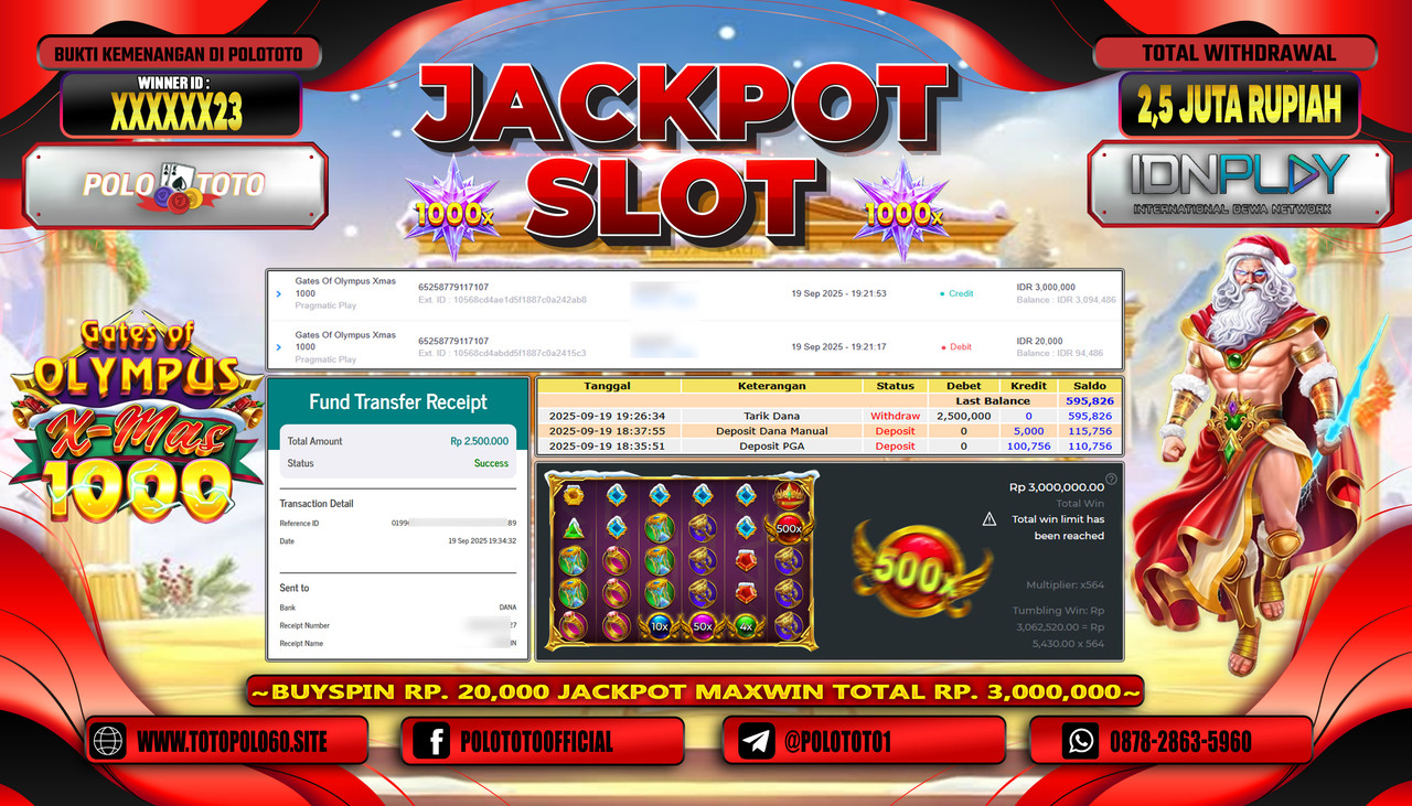 POLOTOTO JACKPOT SLOT GATES OF OLYMPUS XMAS 1000 Rp.2.500.000,- LUNAS