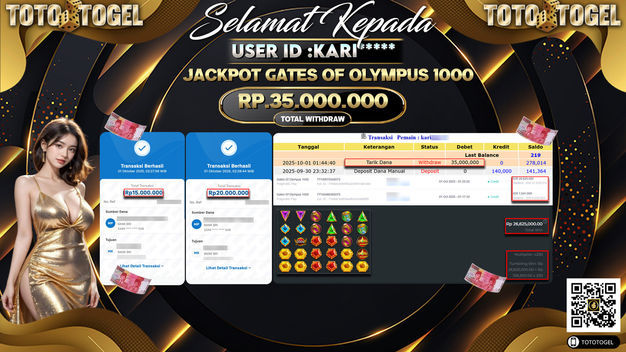 Bukti Pembayaran Jackpot Permainan Slot Gates Of Olympus 1000 ID:KARI*** LUNAS