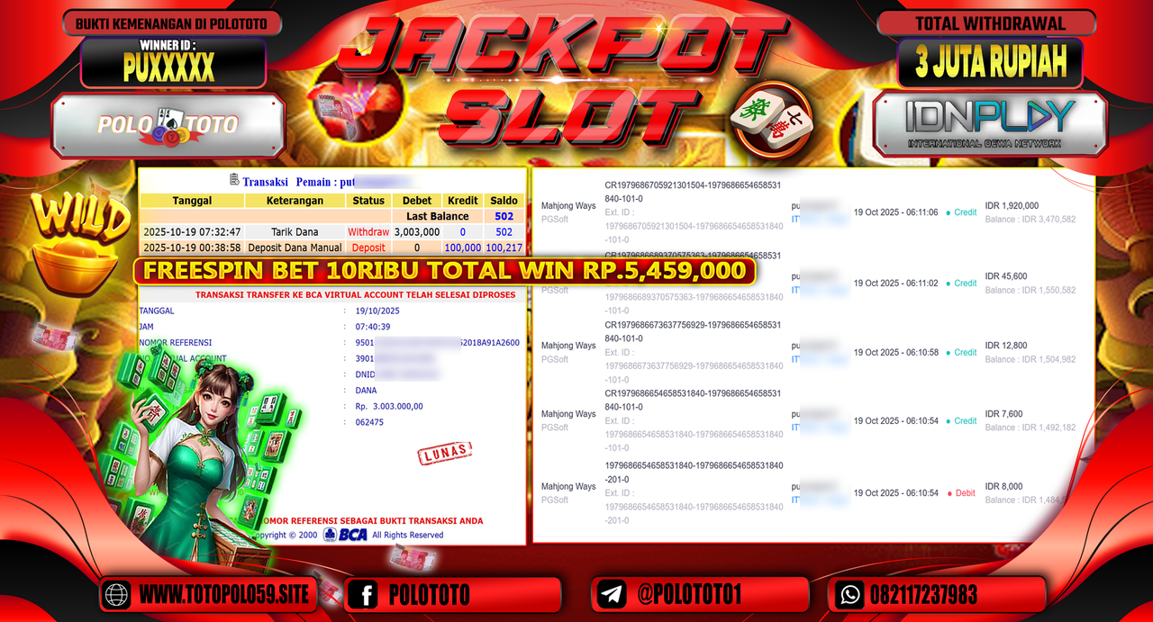 POLOTOTO JACKPOT SLOT MAHJONG WAYS Rp.3.000.000,- LUNAS
