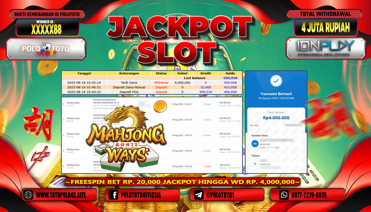 POLOTOTO JACKPOT SLOT MAHJONG WAYS Rp.4.000.000,- LUNAS