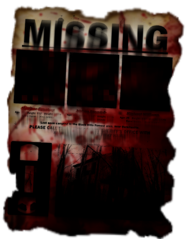 It's a burnt and bloodied missing person poster with three people listed. None of their names or faces are visible through the ashy blood.