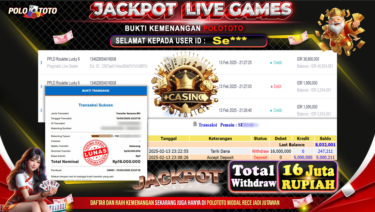POLOTOTO JACKPOT LIVE GAMES PPLD ROULETTE LUCKY 6 Rp.16.000.000,-