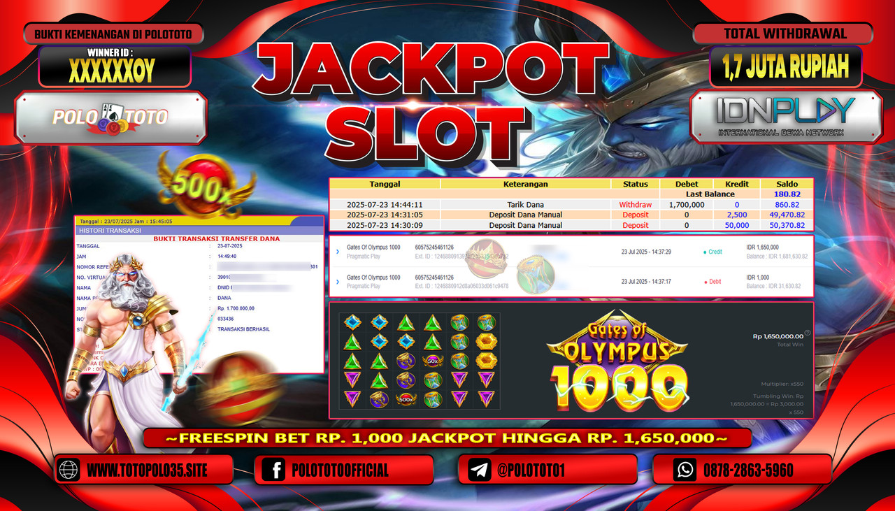 POLOTOTO JACKPOT SLOT GATES OF OLYMPUS 1000 Rp.1.700.000,- LUNAS