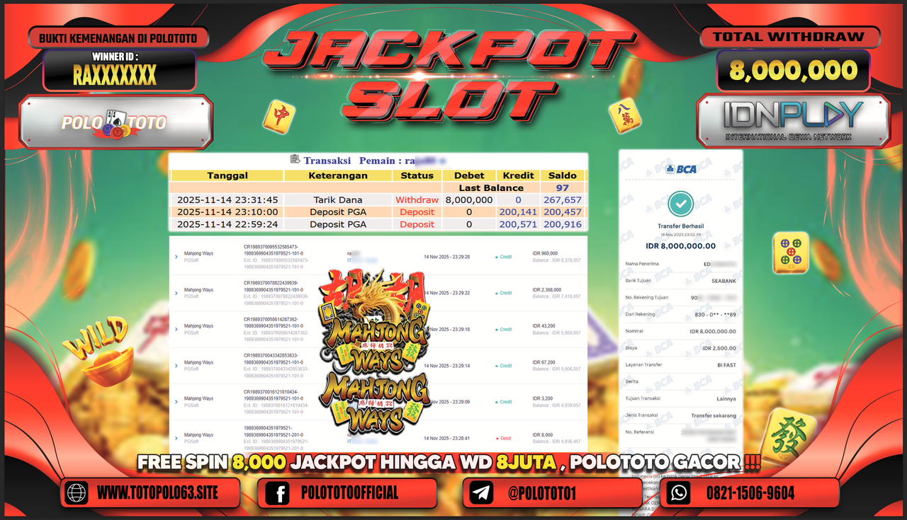 POLOTOTO JACKPOT SLOT MAHJONG WAYS Rp.8.000.000,- LUNAS