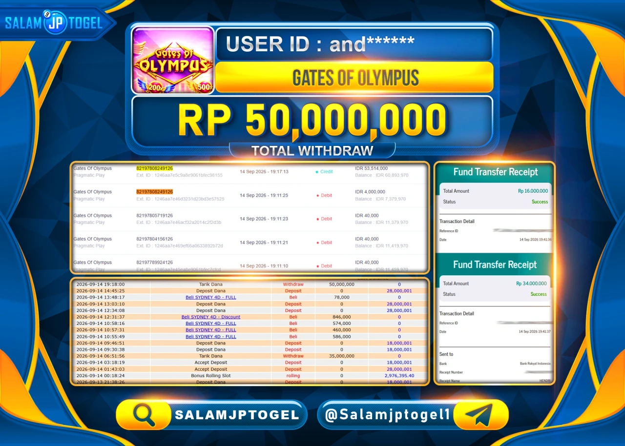 SALAMJPTOGEL JACKPOT MENANG SLOT GATES OF OLYMPUS Rp.50,000,000 - LUNAS