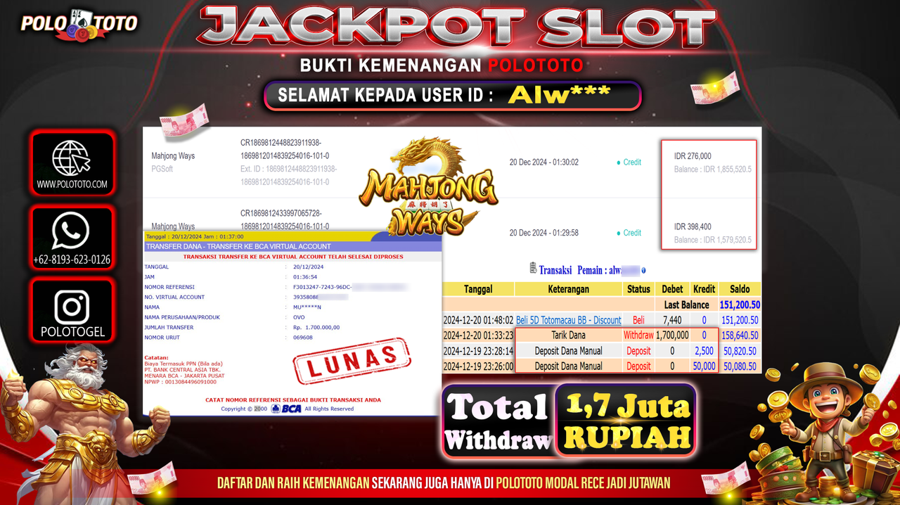 POLOTOTO JACKPOT SLOT MAHJONG WAYS Rp.1,700.000,-