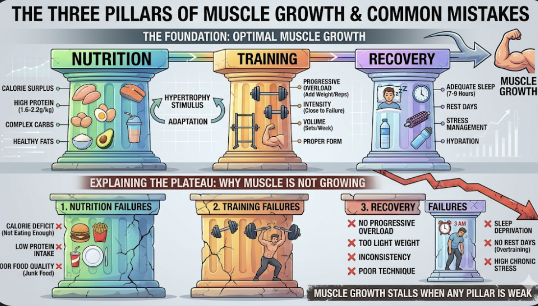 Diagram showing nutrition, training, recovery as three pillars of muscle growth with arrows connecting them, explaining why muscle not growing