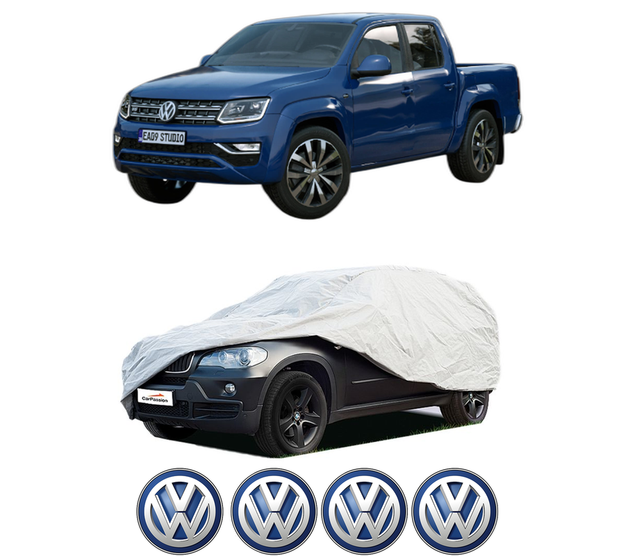 Husa tip prelata auto pentru Volskwagen AMAROK (T1A, T1B) din 2022, Culoare Gri, material textil impermeabil, rezistanta la intemperii praf UV, CARPASSION Husa Protectie, 4 Stickere auto cu Volskwagen