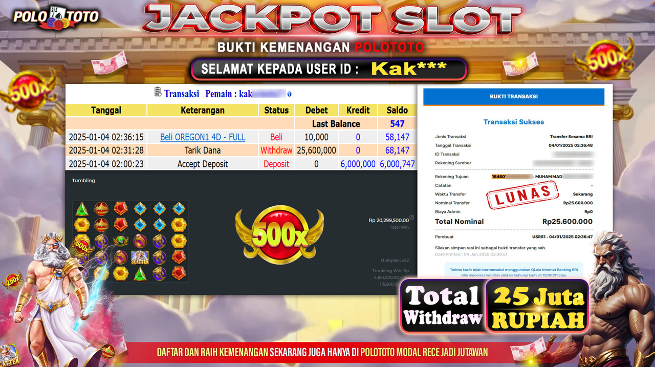 POLOTOTO JACKPOT SLOT GATES OF OLYMPUS Rp.25,600.000,-