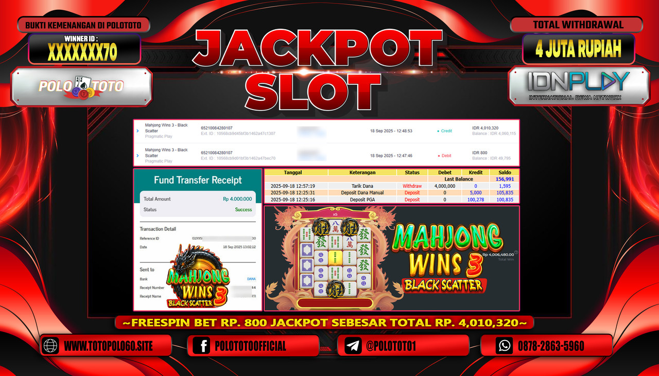 POLOTOTO JACKPOT SLOT MAHJONG WINS 3-BLACK SCATTER Rp.4.000.000,- LUNAS