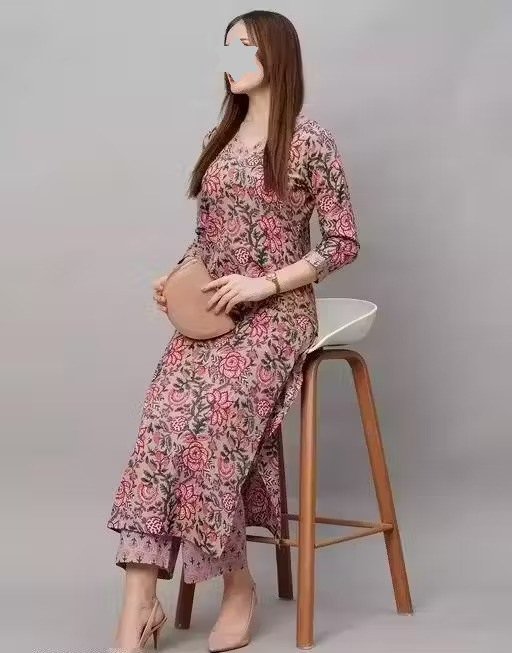 Cotton Kurtis Women's Printed Pattern Cotton Kurti with Pant kurta set Color 1 (KS124)