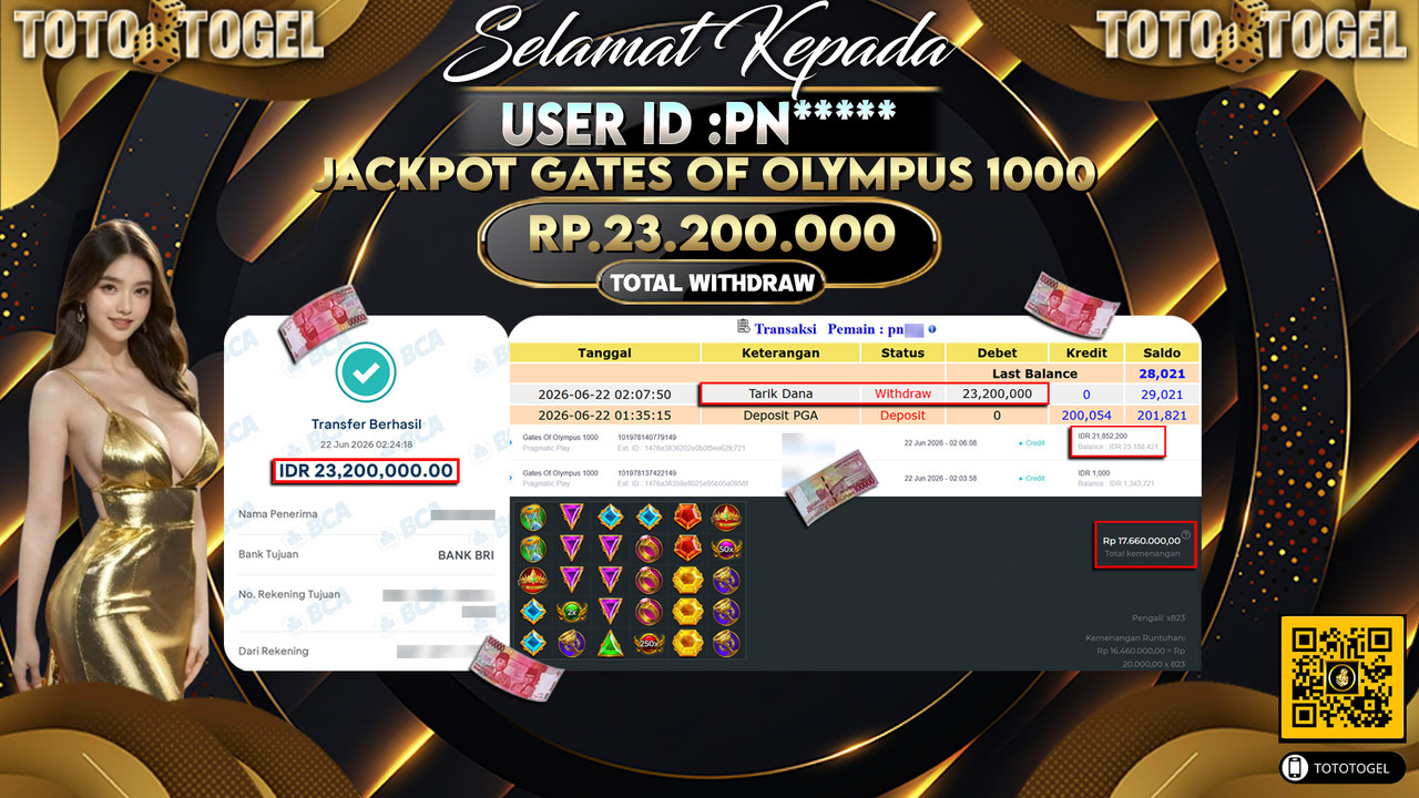 Bukti Pembayaran Jackpot Permainan Slot Gates Of Olympus 1000 ID:PN*****LUNAS
