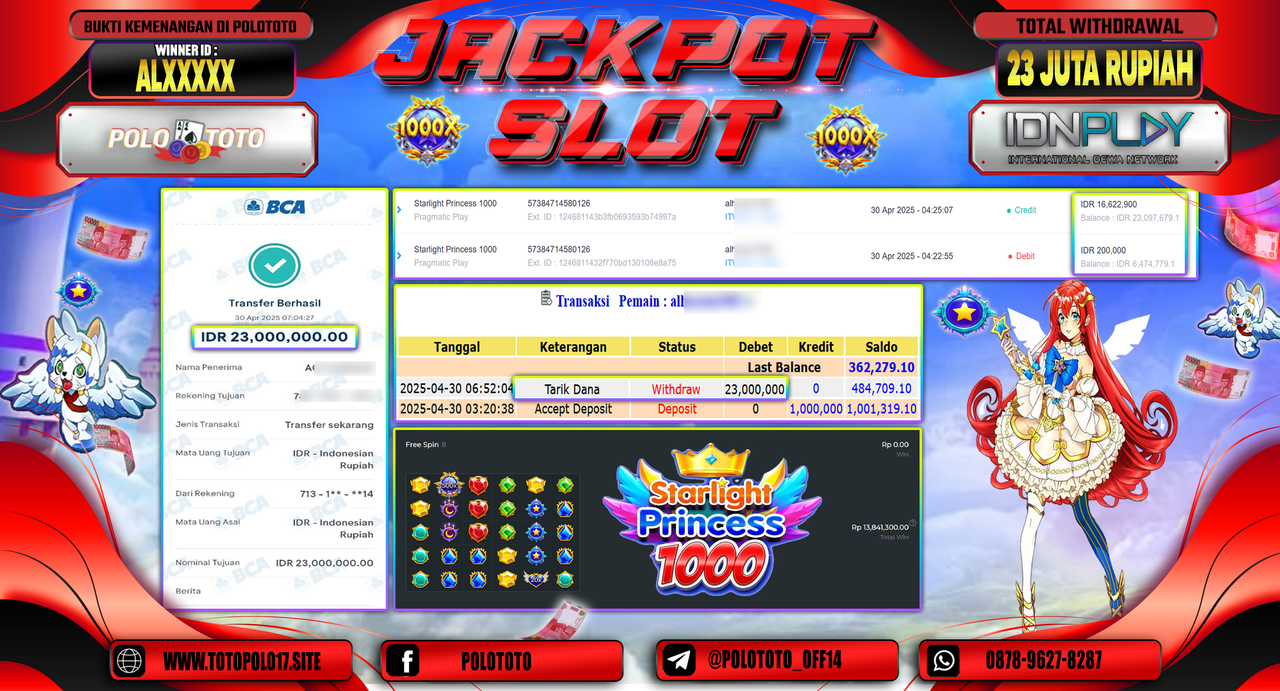 POLOTOTO JACKPOT SLOT STARLIGHT PRINCESS 1000 Rp.23.000.000,-