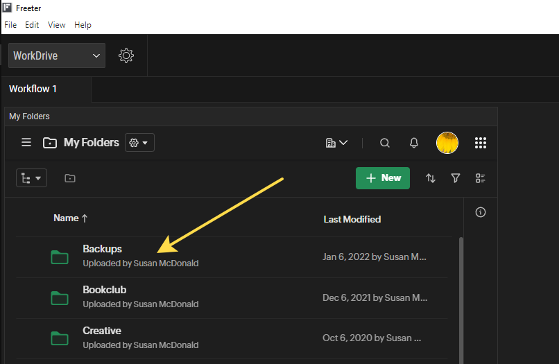 click on Backups folder in Zoho WorkDrive