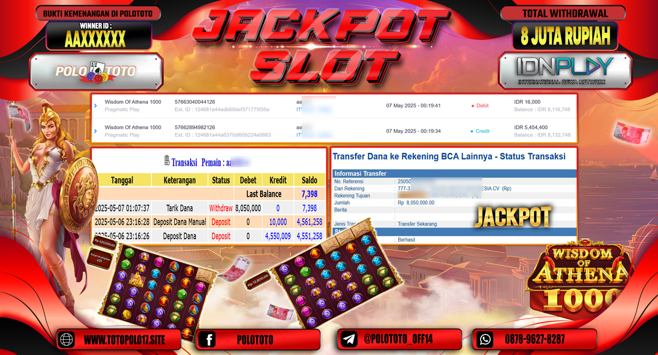 POLOTOTO JACKPOT SLOT WISDOM OF ATHENA 1000 Rp.8.050.000,-