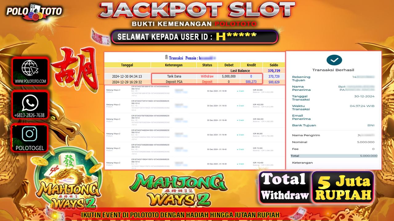POLOTOTO JACKPOT SLOT MAHJONG WAYS 2 Rp.5,000.000,-