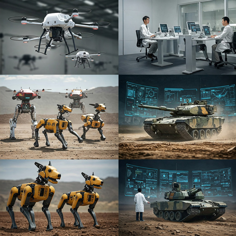 AI Machinery: Robots and Drones Coordinating in Battle, showing a swarm of autonomous military robots and drones working in unison.