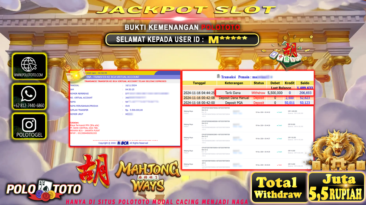 POLOTOTO JACKPOT SLOT MAHJONG WAYS Rp.5.500.000,- 