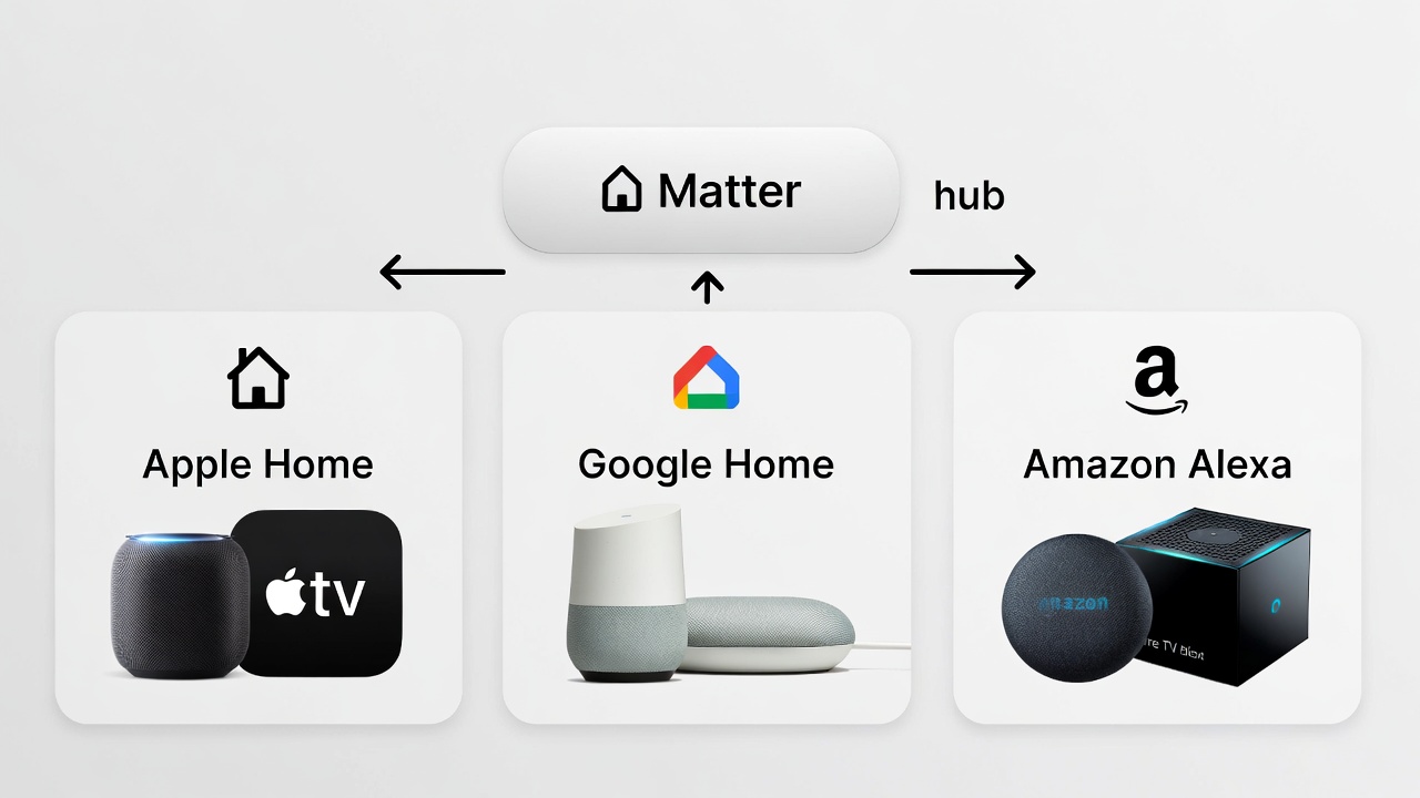 Diagram showing Matter protocol connecting smart home devices across Apple Home, Google Home, and Amazon Alexa ecosystems