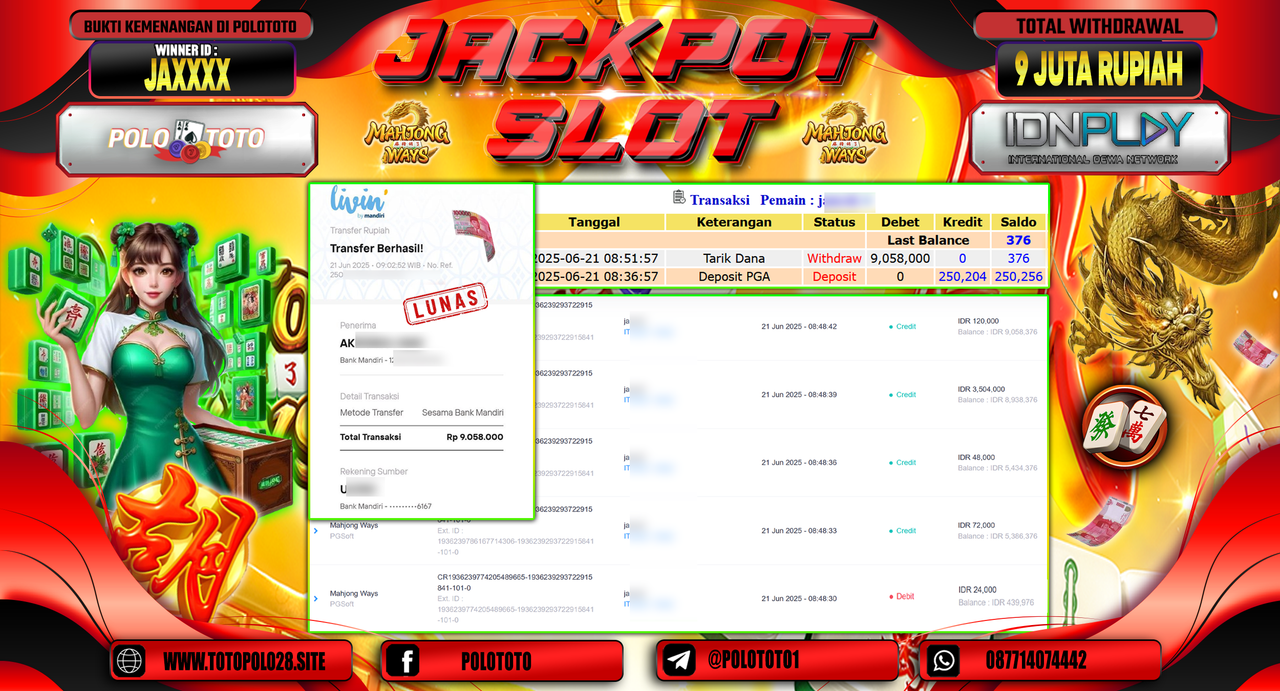 POLOTOTO JACKPOT SLOT MAHJONG WAYS Rp.9.058.000,-