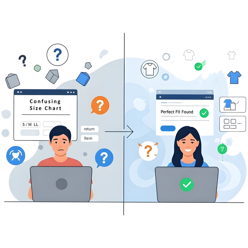 Illustration showing a person frustrated with ill-fitting clothes from online shopping, and then happy with perfectly fitting clothes.